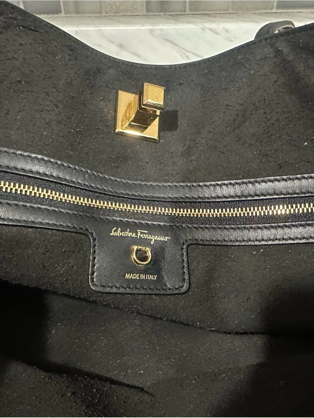 Salvatore Ferragamo Black Leather Tote with Gold Hardware